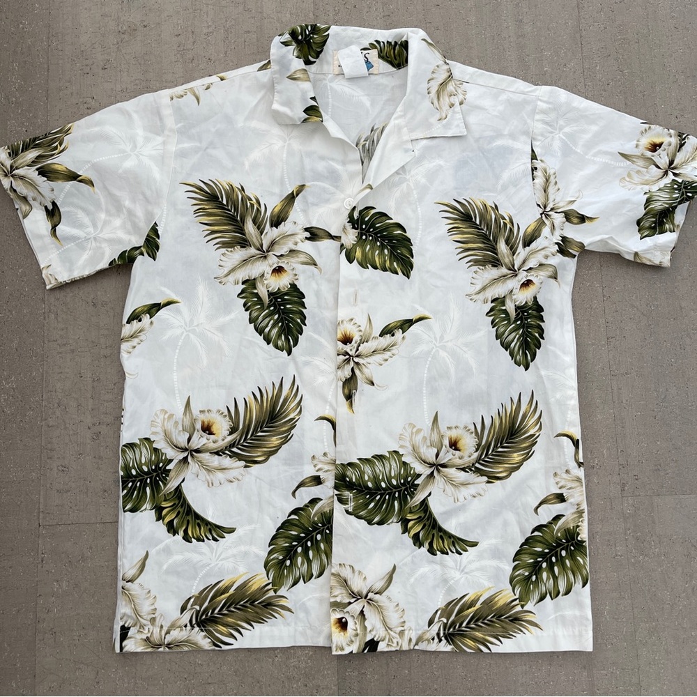KYs Hawaiian Shirt Short Sleeves Button Down Iridescent Floral Cotton Sz XL VTG